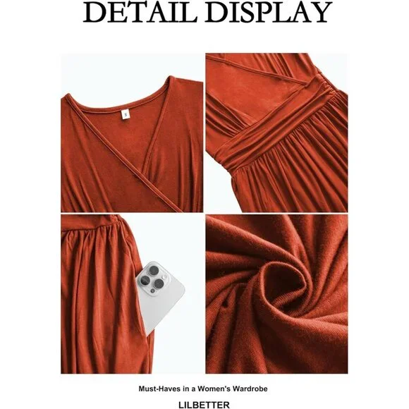 Women Caramel Deep V Neck Sleeveless Loose Plain Long Maxi Stretchy Dress - Picture 3 of 7